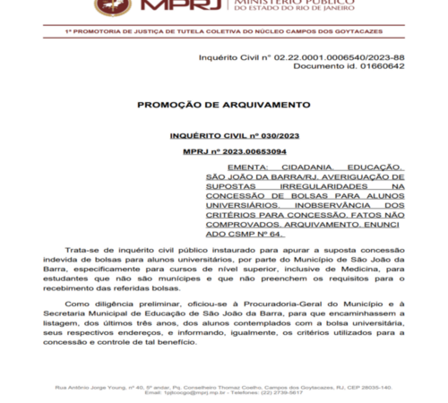 Denúncias contra bolsas de estudo de SJB são infundadas, afirma MP
