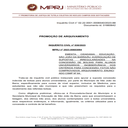 Denúncias contra bolsas de estudo de SJB são infundadas, afirma MP