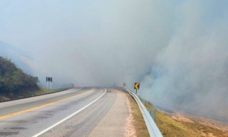 Incêndio em vegetação interdita BR-101 por quase uma hora no trecho de Macaé