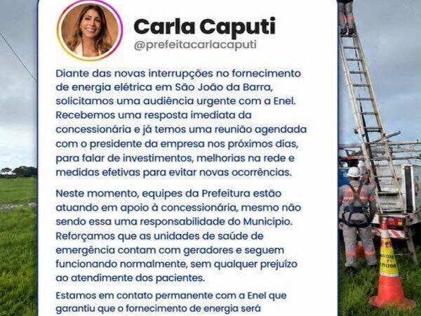 Após novo apagão atingir SJB, prefeita cobra providências urgentes da Enel