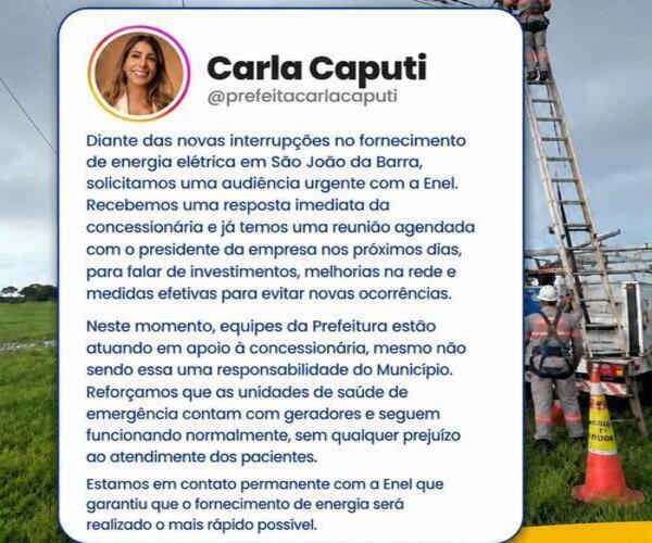 Após novo apagão atingir SJB, prefeita cobra providências urgentes da Enel